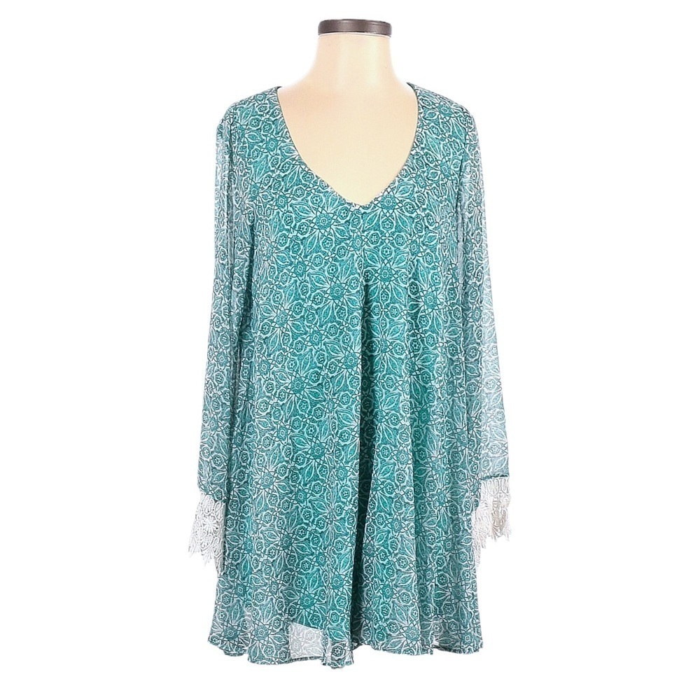 Show Me Your Mumu Teal Lace Trim Babydoll Dress Small Boho Mini Lined L/S